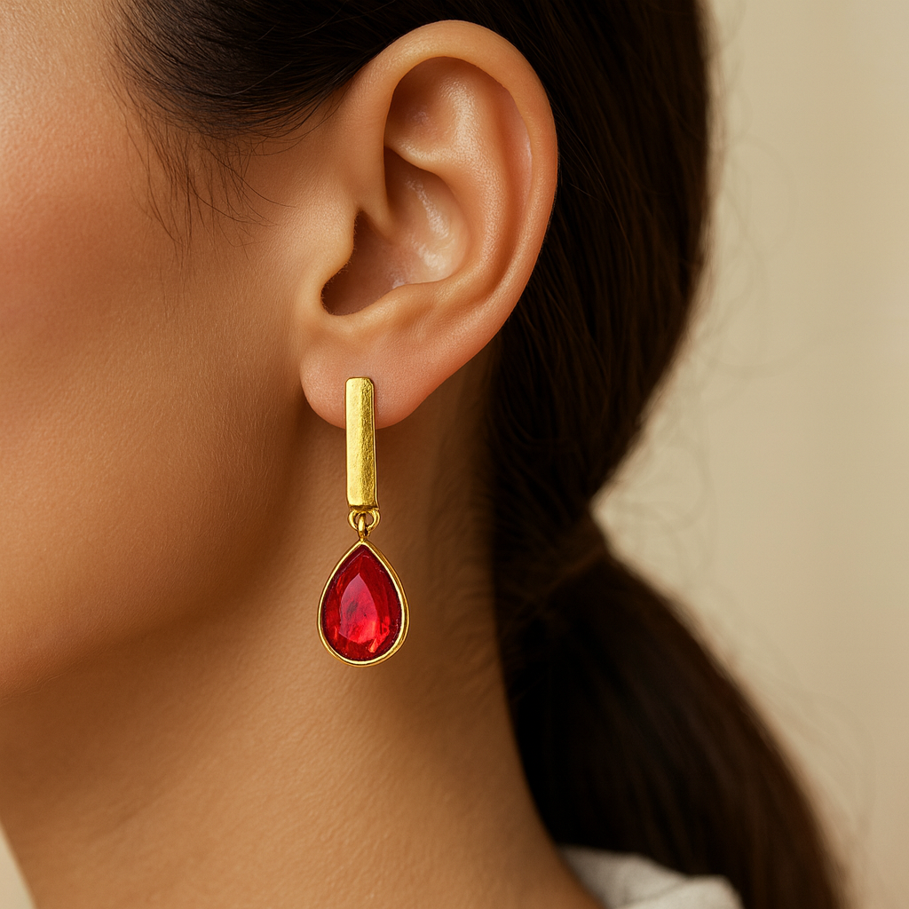 Gold bar with Red Zircon dropsEarring Gold Plated 24k