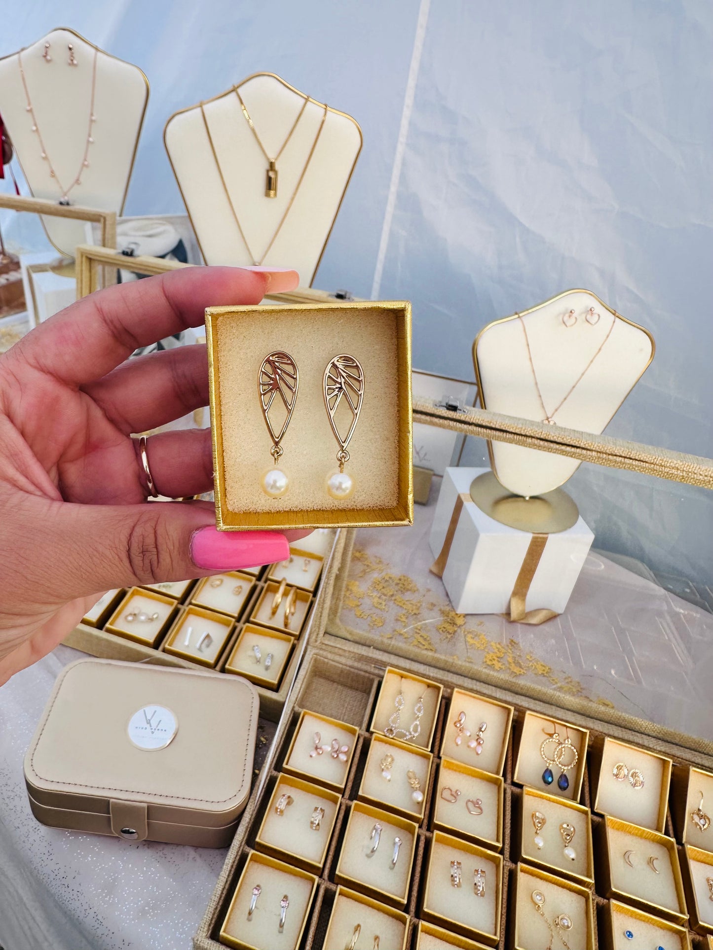 leave Pearls drop Earrings Gold plated 24K