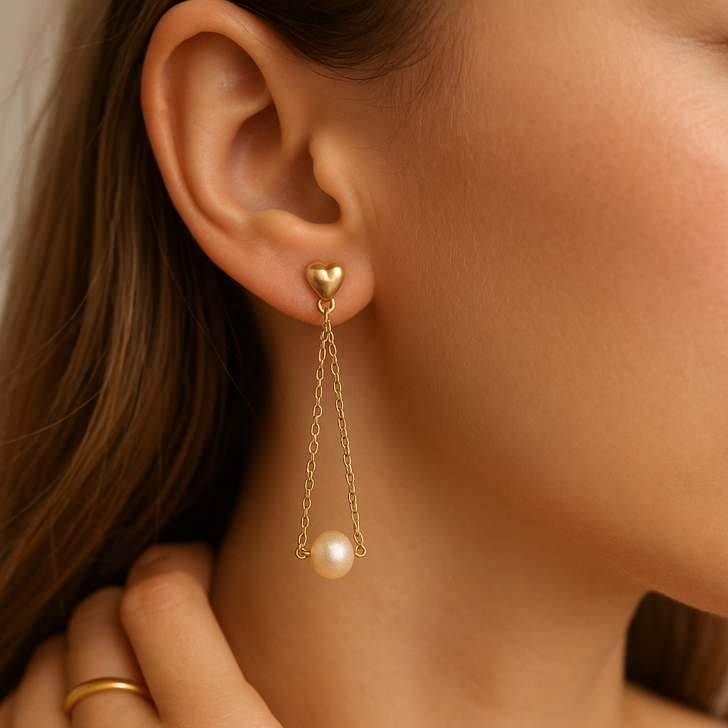 Heart stud with chains and pearl Earring Gold Plated 24k