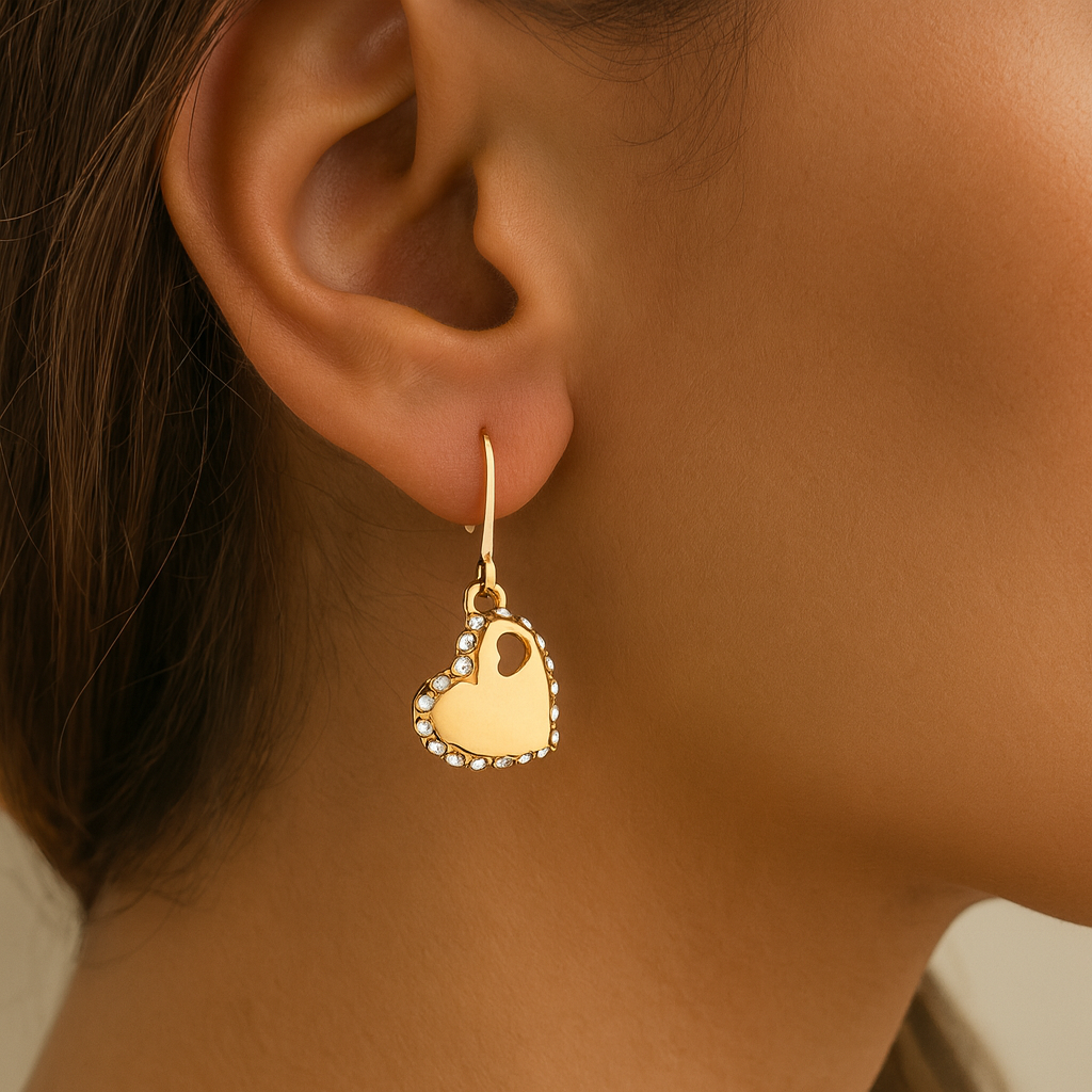 Zircons Hearts with little heart Inside Dangle Earrings Gold plated 24K
