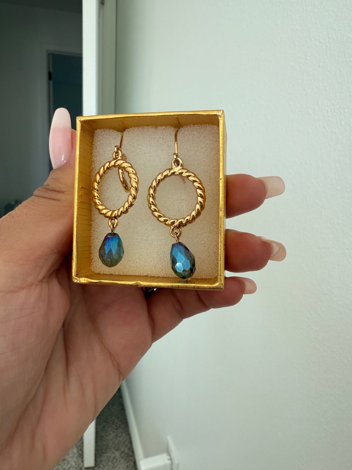 Blue Circle Dangle Earrings Gold plated 24K