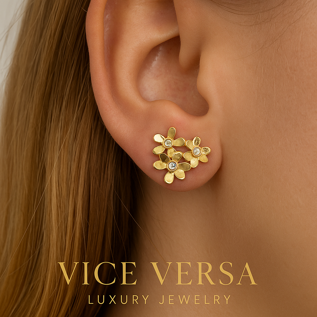 3 Flowers Stud Earrings Gold plated 24K