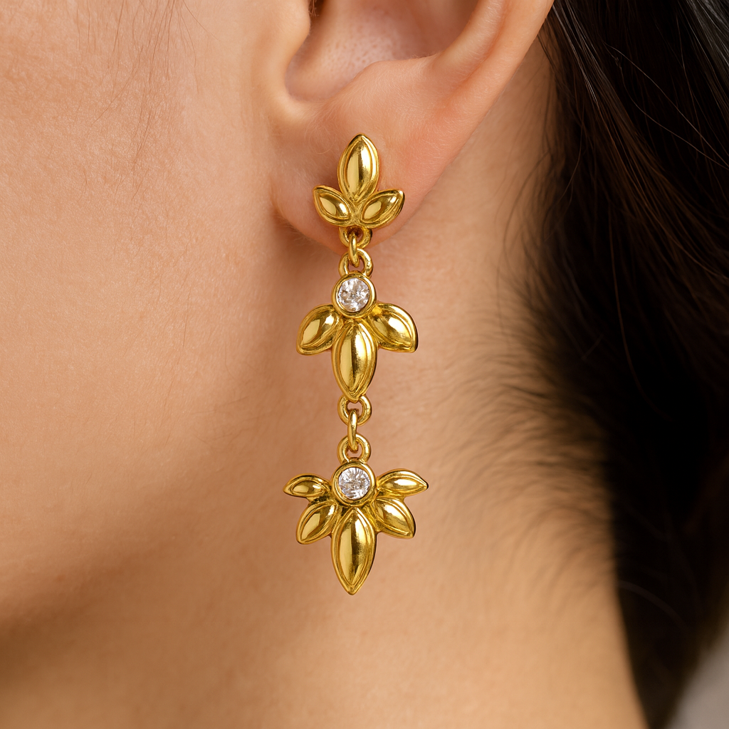 Triple Flower Dangle Gold Plated earrings