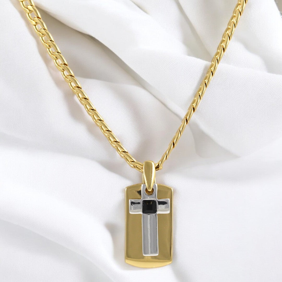 Tag Plate Men's Cross Gold & Black Necklace Gold Plated 24K
