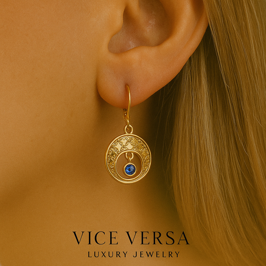 Blue Zircon  Dangle Earrings Gold plated  24K