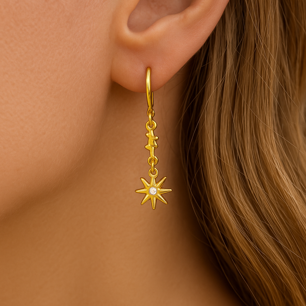 Double Stars Dangle Earrings Gold plated  24K
