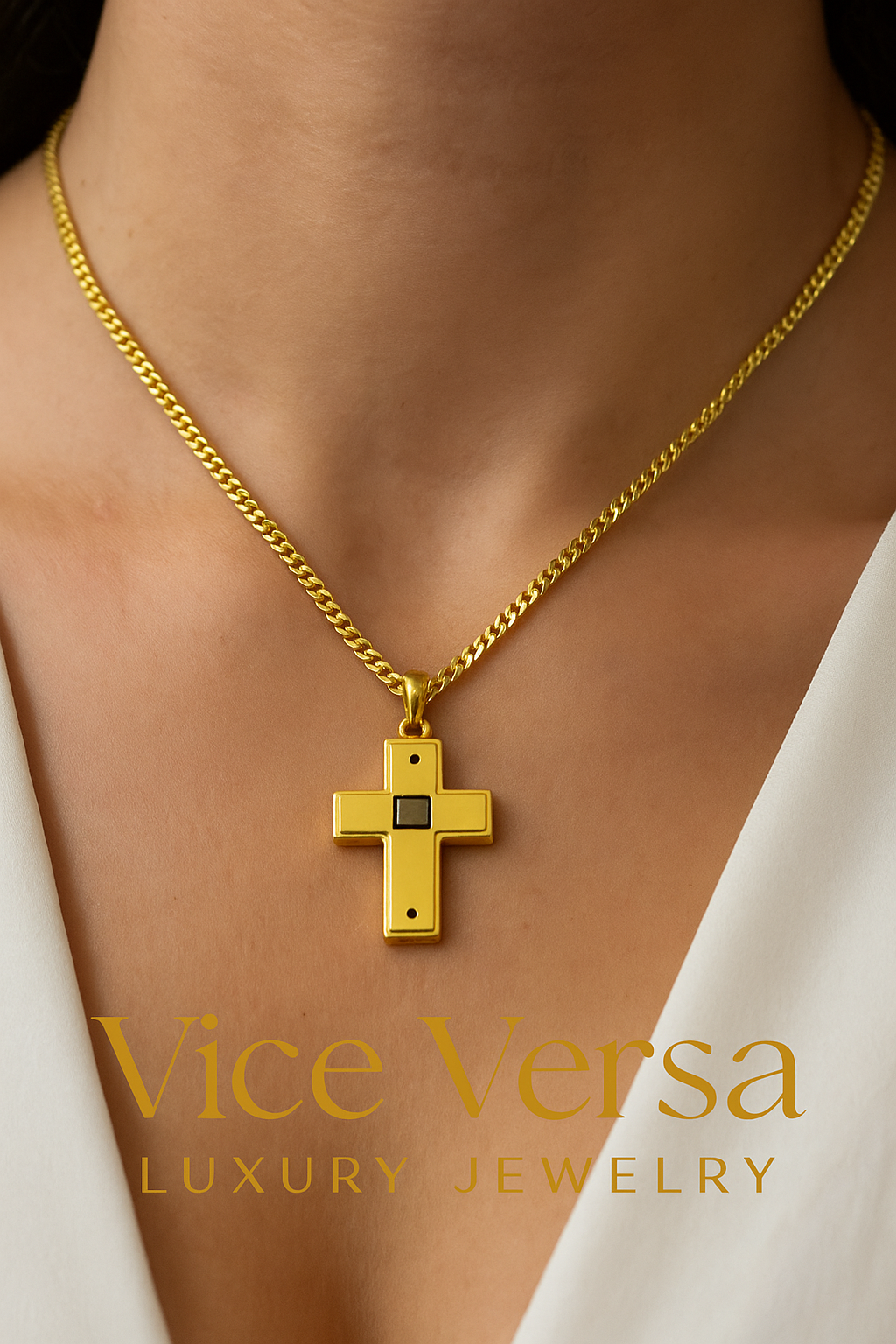 Double Side Men's Cross  Gold & Black thin design Necklace Gold Plated 24K