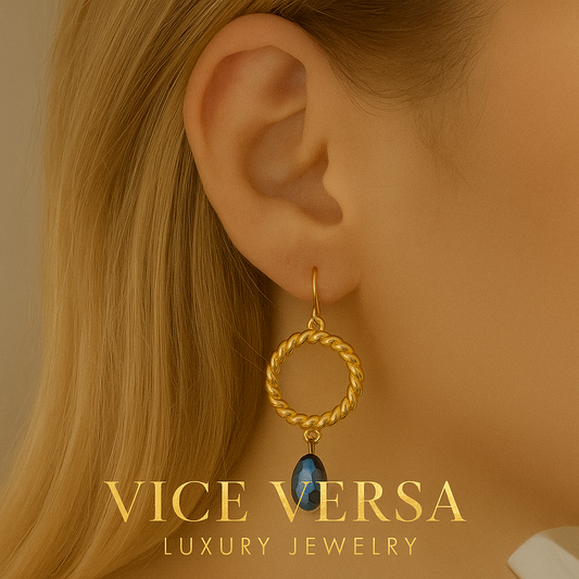 Blue Circle Dangle Earrings Gold plated  24K