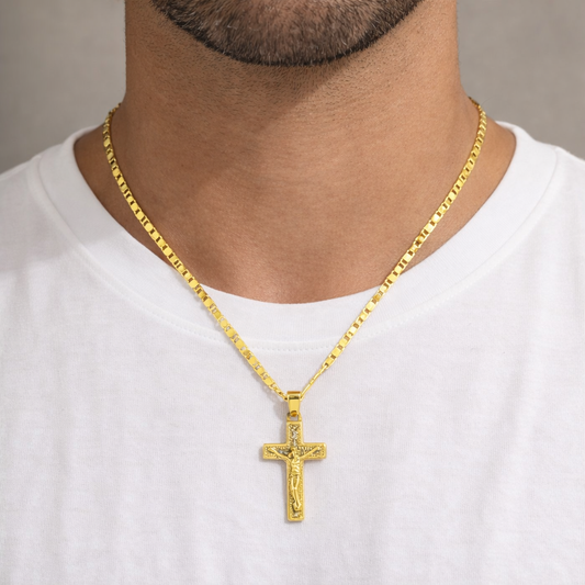 Zircon Crucifix Valentino Chain 20'' Necklace Real Gold Filled 18K