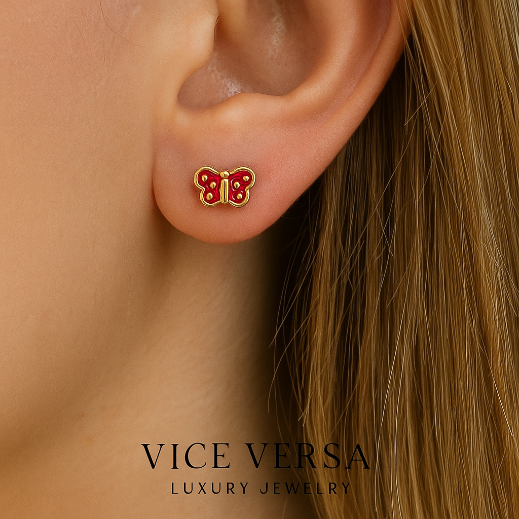 Red butterfly stud Earrings Gold plated  24K