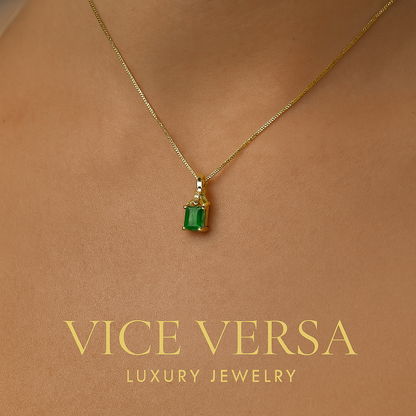 Square Shape Colombian Emerald & Diamond charm & Solid Gold 18K Italian