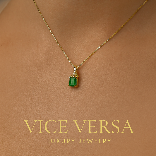 Square Shape Colombian Emerald & Diamond charm & Solid Gold 18K Italian