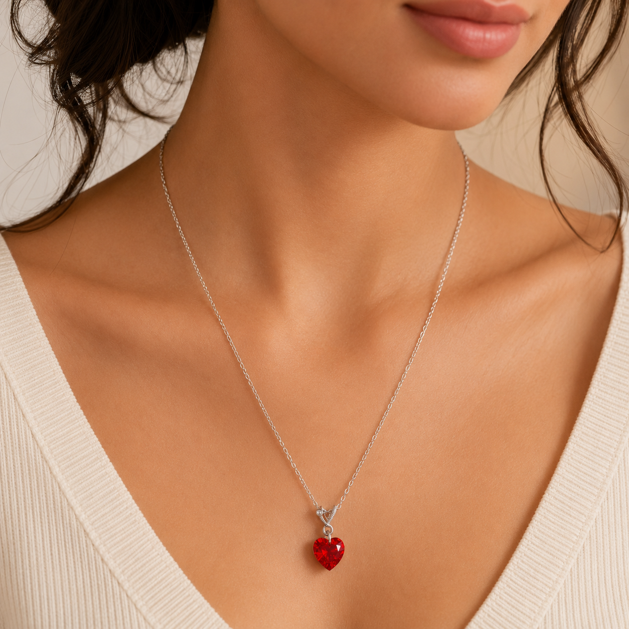 Necklace Red Heart Silver Plated