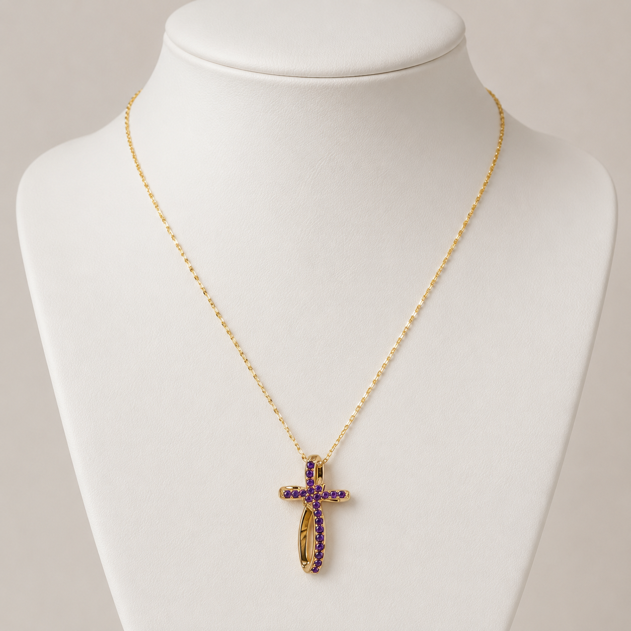 Necklace Cross purple Zircon Gold Plated 24K