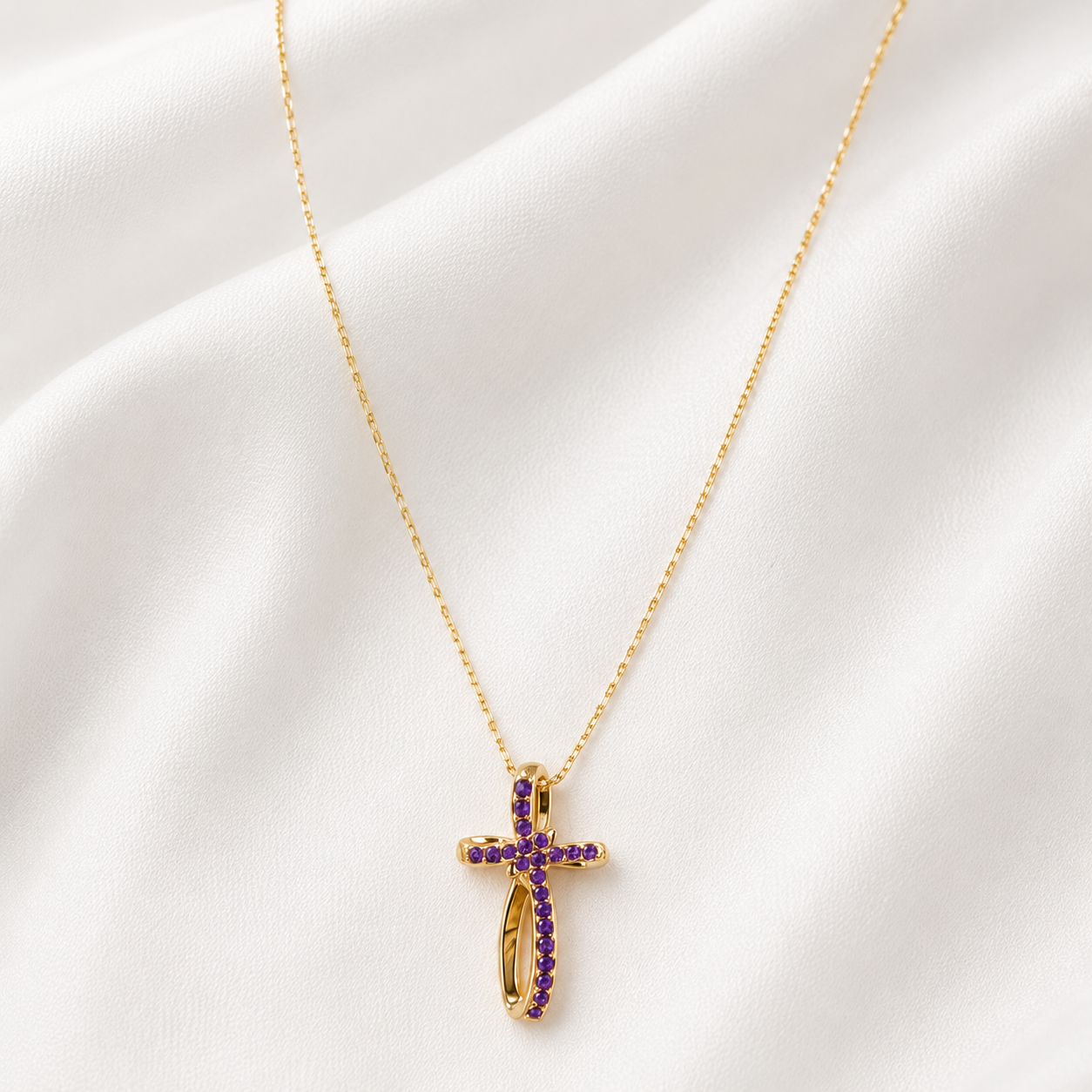 Necklace Cross purple Zircon Gold Plated 24K