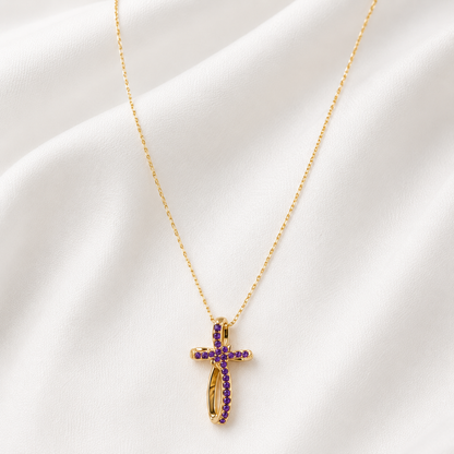 Necklace Cross purple Zircon Gold Plated 24K