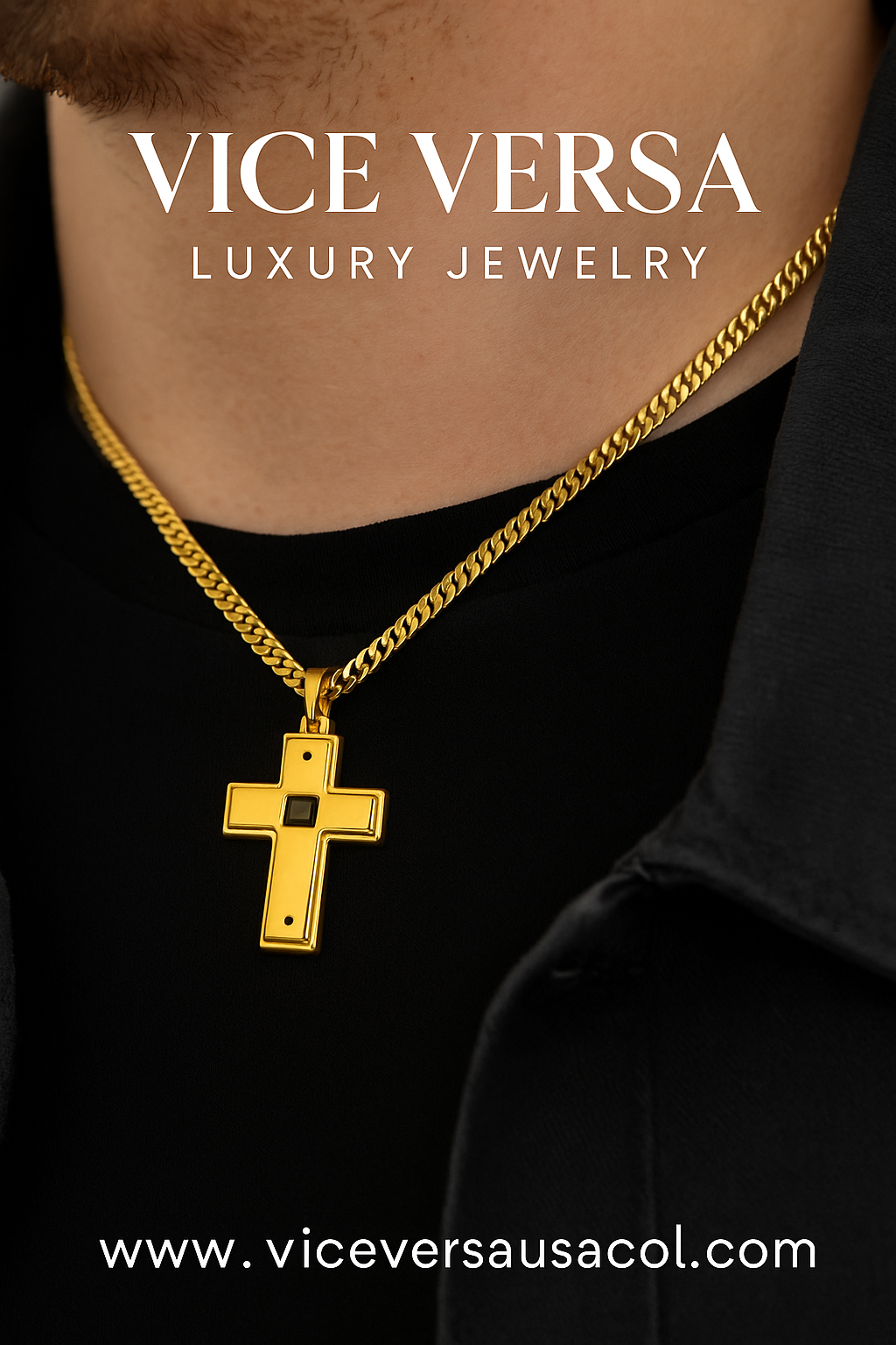 Double Side Men's Cross  Gold & Black thin design Necklace Gold Plated 24K