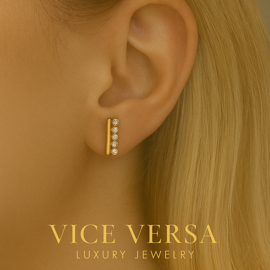 Stick Stud with 5 layers Zircons Earrings Real Gold Plated