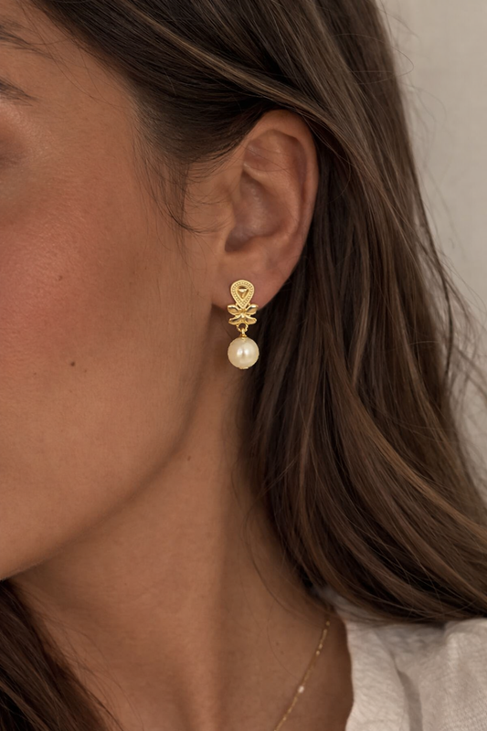 Pearl Flowers Drop Earrings Gold Plated 24K