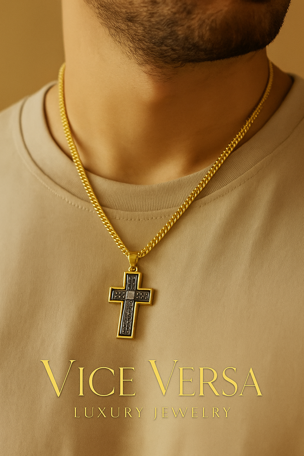 Double Side Men's Cross  Gold & Black thin design Necklace Gold Plated 24K