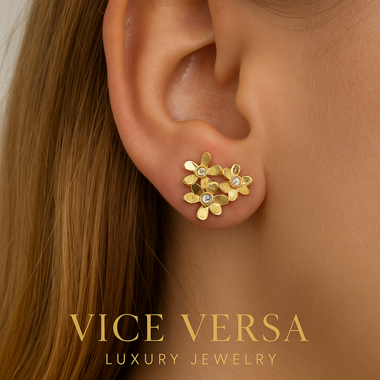 3 Flowers Stud Earrings Gold plated  24K