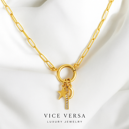 Paper Clip Moon & Star Necklace Gold Plated 24K