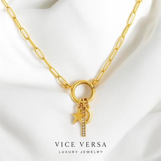 Paper Clip Moon & Star Necklace Gold Plated 24K