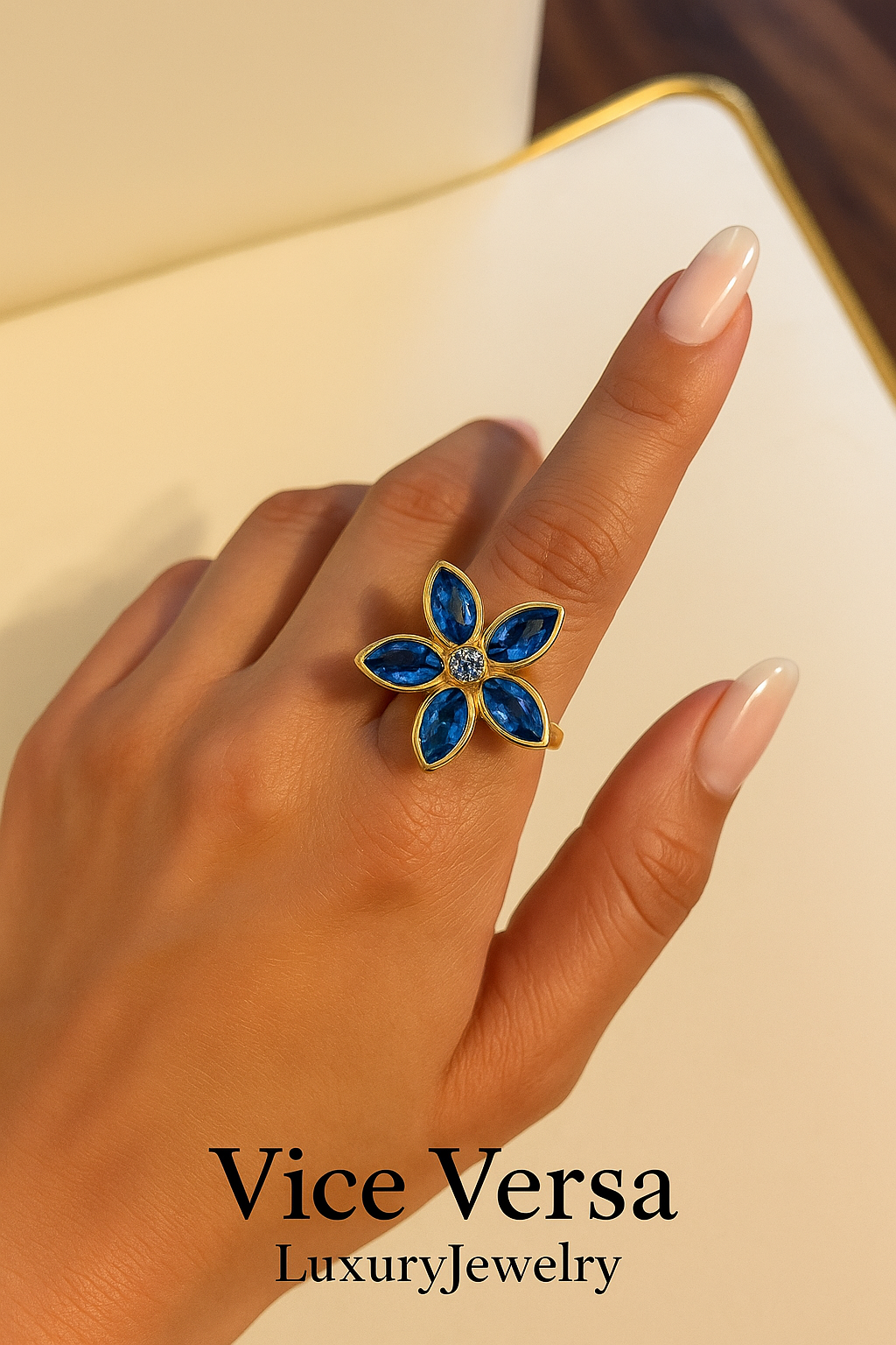 Gold plated Blue Flower Ring