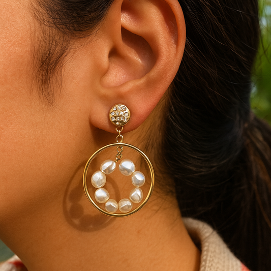 Pearls circle hoop  earrings 24K Gold Plated