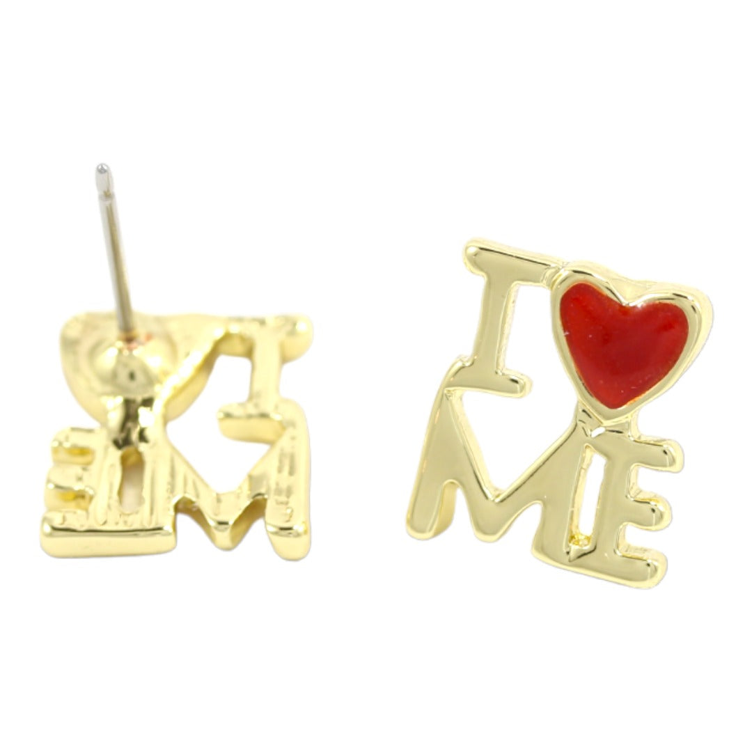 I Love Me - Red Heart Real Gold Plated Stud Earrings