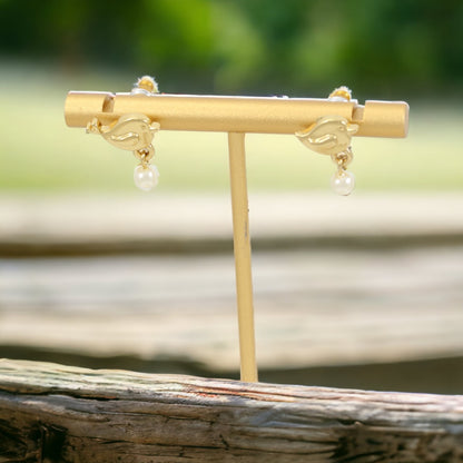 Pendientes colgantes de pájaros bañados en oro auténtico de 24 quilates