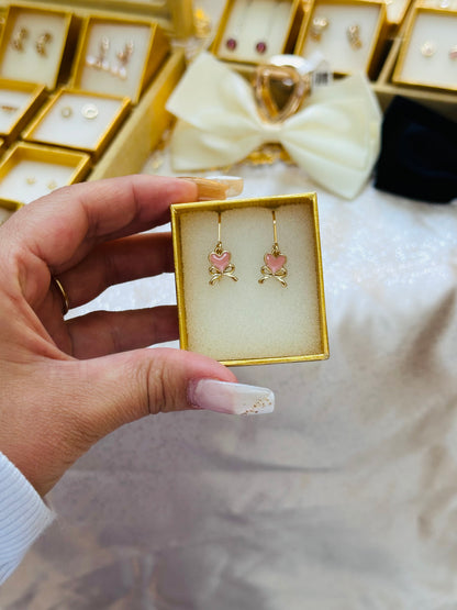 Pink Heart an bow dangle earrings 24K Gold Plated
